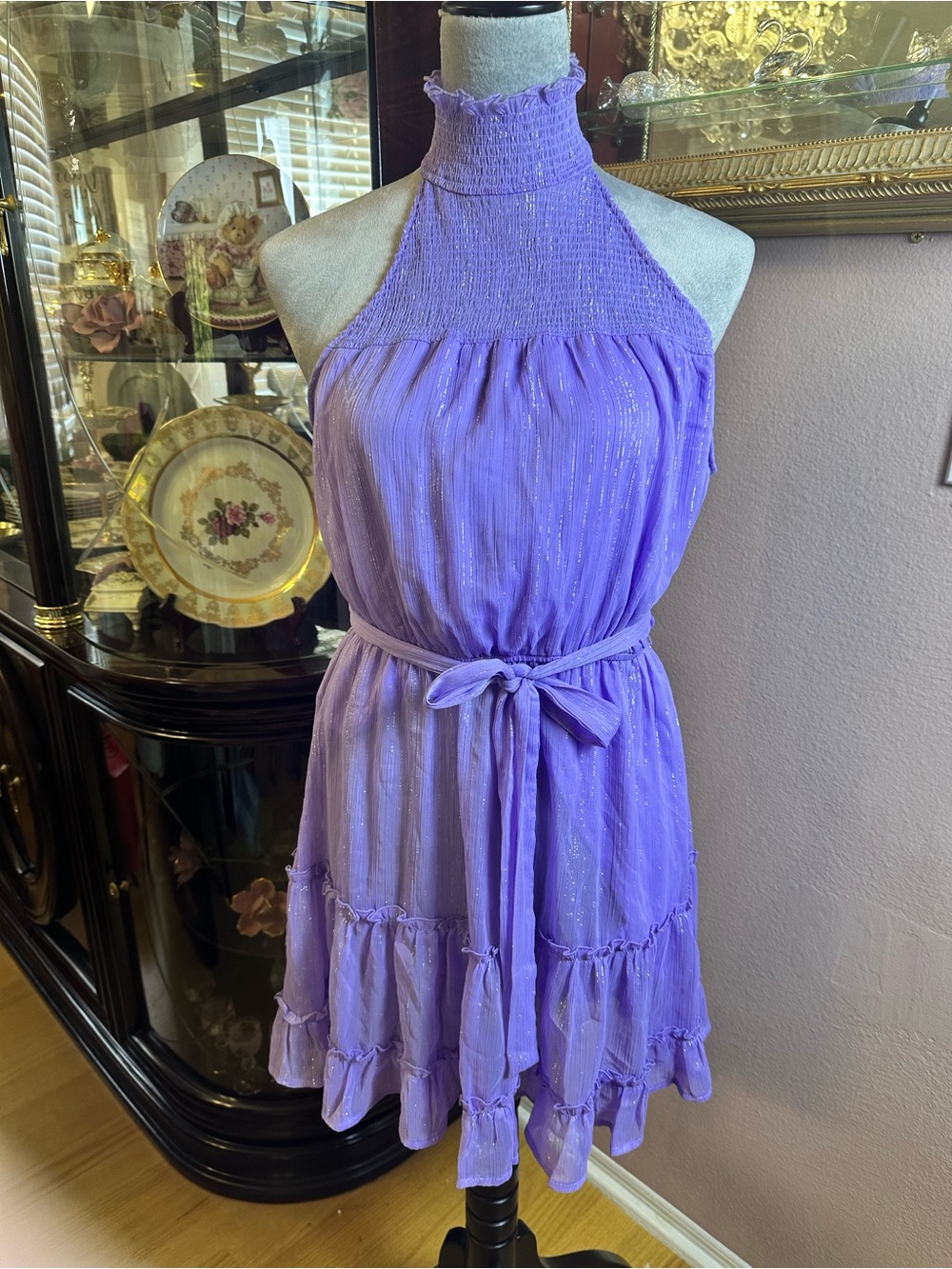 mi ami for francesca's Purple Smocked Ruffle Sheer Strappy Mini Dress M New